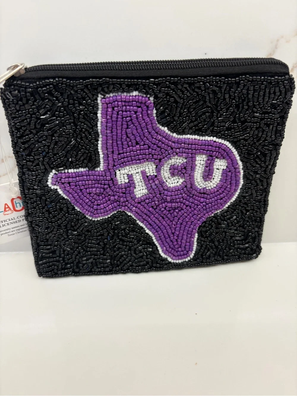 Beaded TCU Texas Shaped Coin Purse - Black & Purple